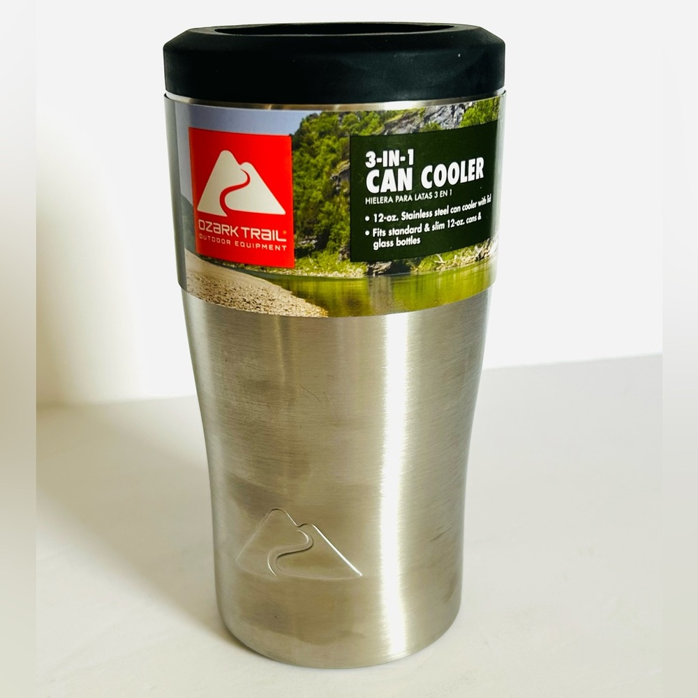 NEW Ozark Trail 3-in-1 Can Cooler with Lid Stainless Steel 12 Ounces